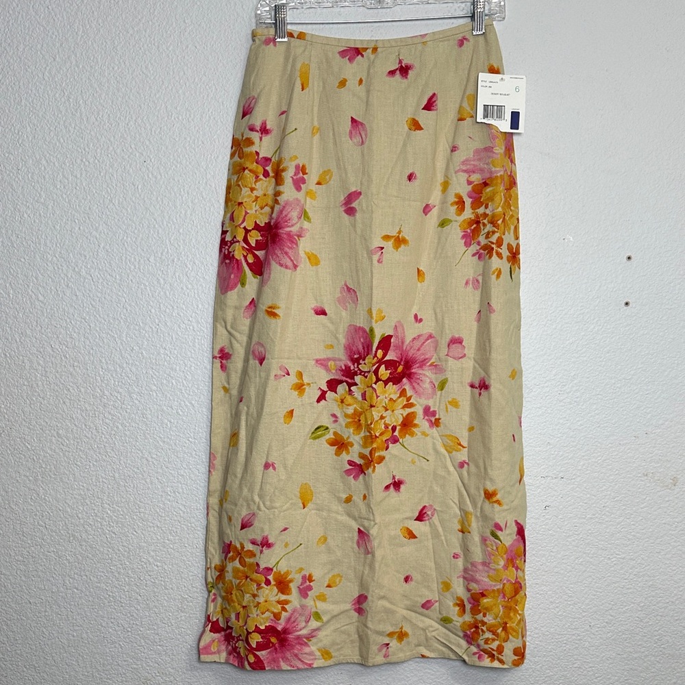 Liz Clairborne Linen Floral Womens 6 Midi Tan Skirt NWT Cottagecore Vintage